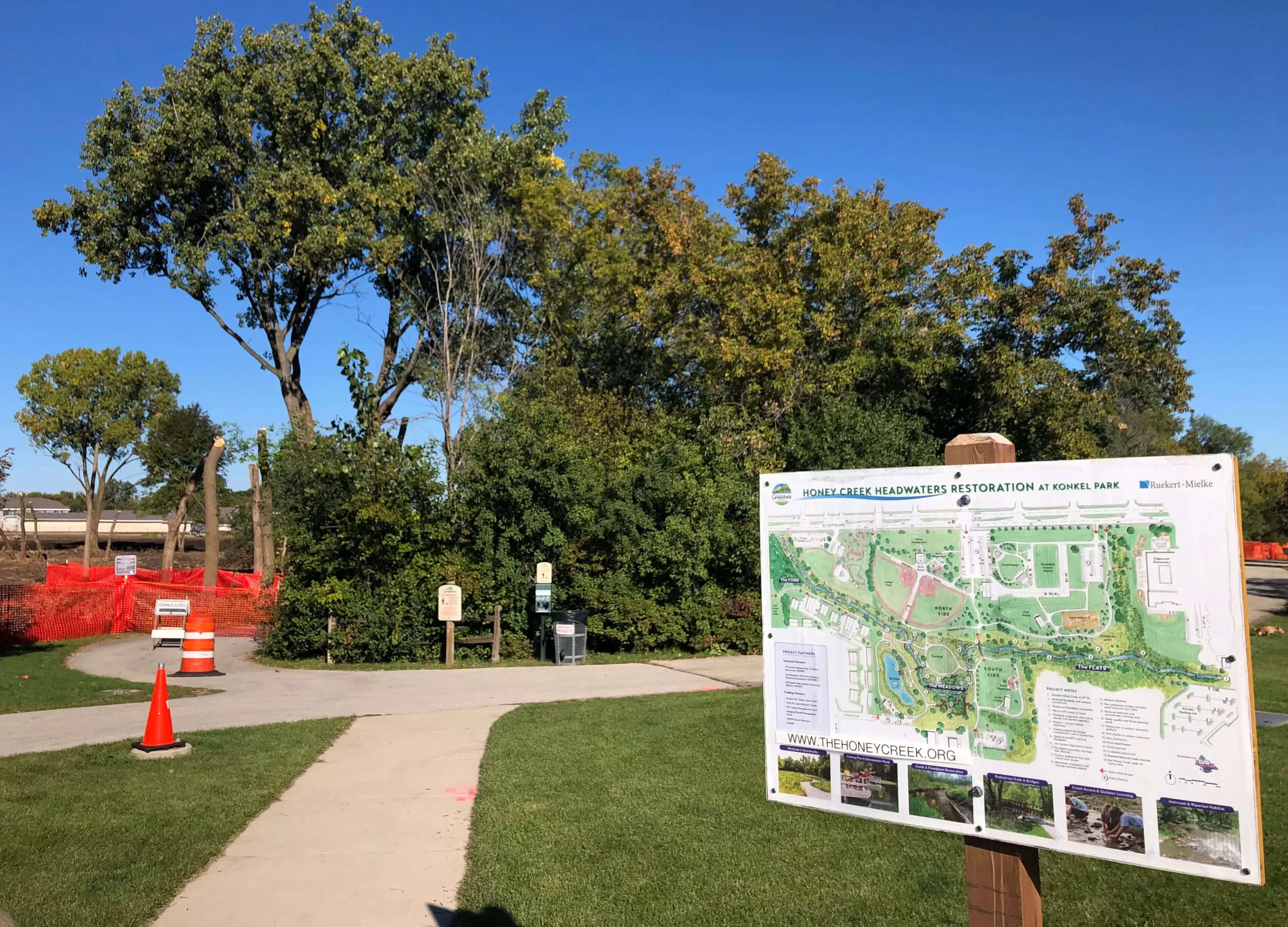 Illustrated Park map depicting river and park improvements under construction at a city park in Wisconsin.