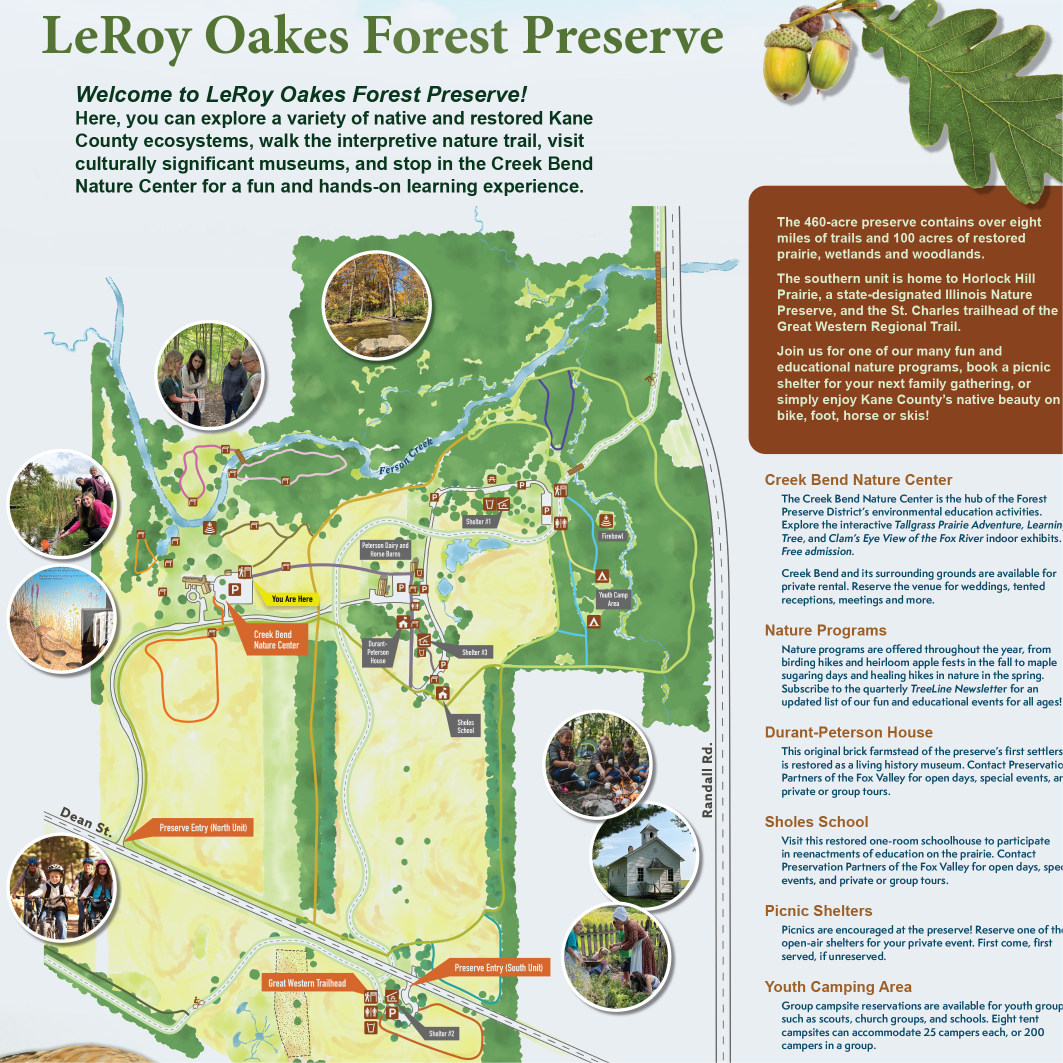 Welcome Signage with Illustrated Map and trails system for a forest and nature preserve in Illinois
