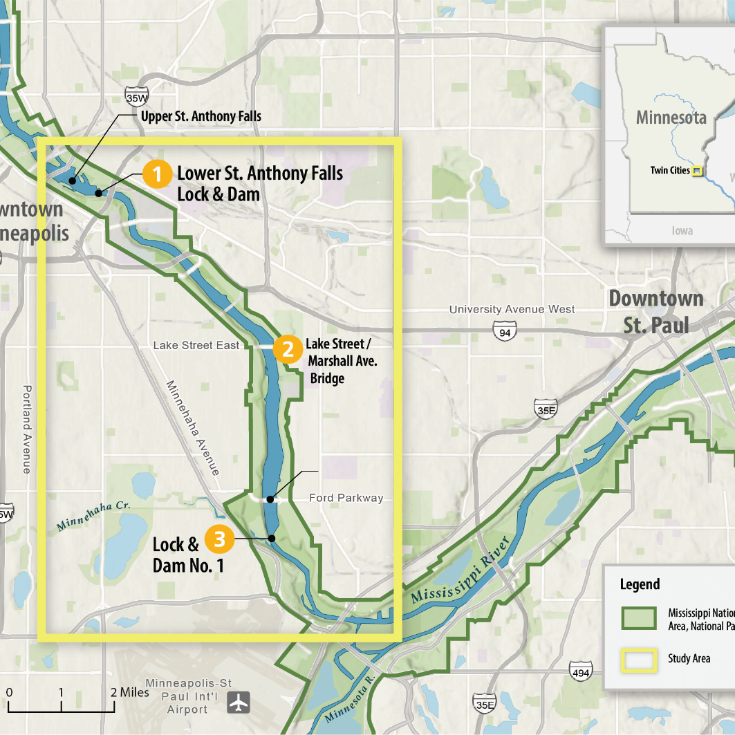 Key map and area map of NPCA's study study for potential dam along the Mississippi River within the Mississippi National River & Recreation Area in Minnesota's Twin Cities.